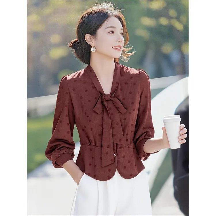 SS2261轻奢高端波点收腰蝴蝶结设计感衬衫2025秋季新款长袖上衣
