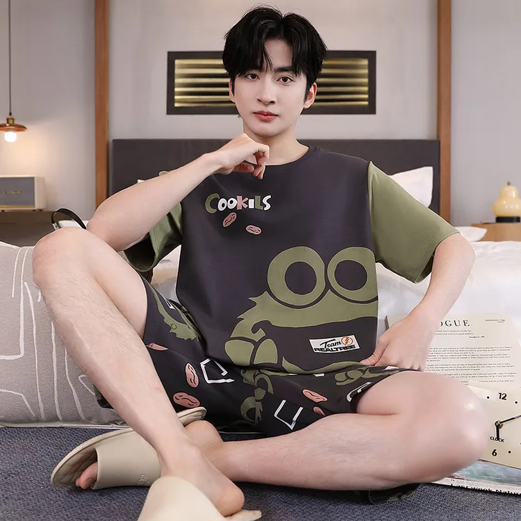夏季男款睡衣纯棉短袖卡通青少年男士夏天薄款大码学生家居服套装