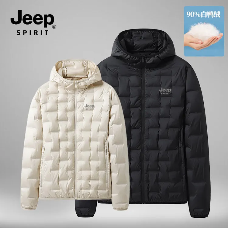 jeep吉普秋冬轻薄羽绒服男士休闲连帽白鸭绒户外防风保暖内搭外套