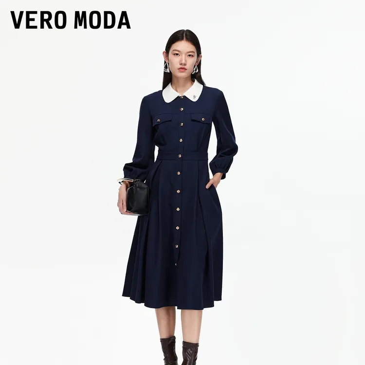 Vero Moda连衣裙2025秋季新款撞色翻领高腰线收褶中长裙3253SZ007