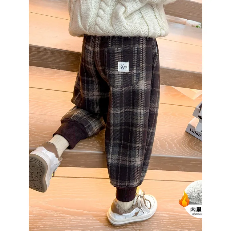 女童加绒格子休闲裤2025女宝宝时髦卡通束脚裤儿童保暖一体绒裤子