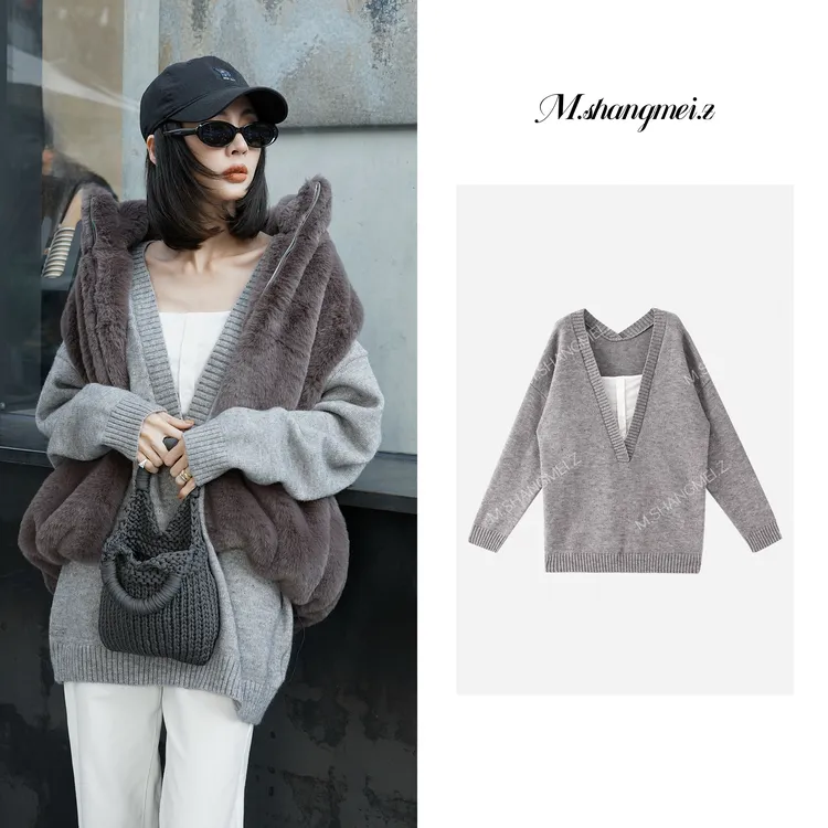 M.SHANGMEI.Z/沐熙【冰山一角】美大哥慵懒假两件深V毛衣X08M2109
