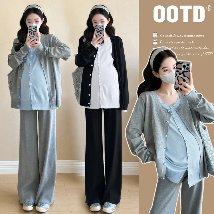 2025早秋孕妇装时尚高级感显瘦休闲宽松刺绣撞色圆领针织两件套女