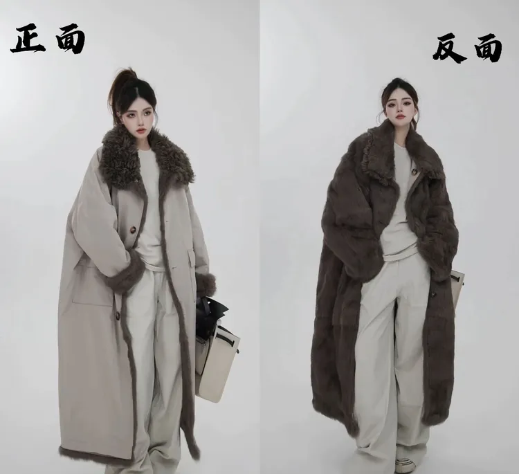 【冬日烈酒】2025新款大牌宽松阔版双面长款女派克服皮草外套设计师