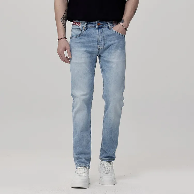 欧美式夏季直筒男士牛仔裤弹力修身小脚浅蓝色新款痞帅慵懒风男装