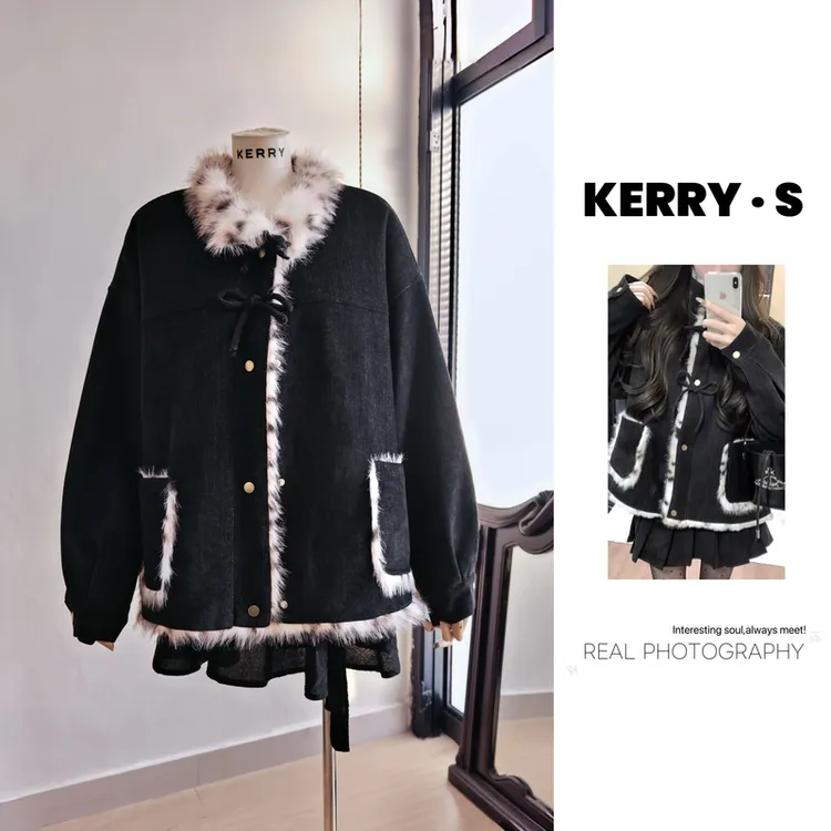 暗黑小野猫 冬季甜美风加厚保暖绒感显瘦黑色皮毛一体毛毛外套女