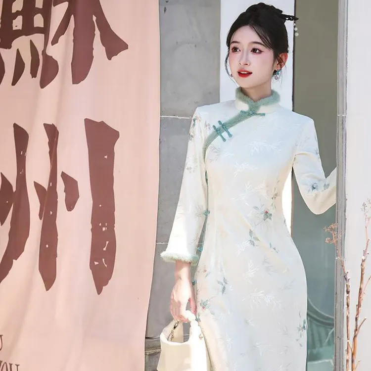 云【听竹】白色复合网纱秋款，冬款加绒加厚极简风复古旗袍（长110）