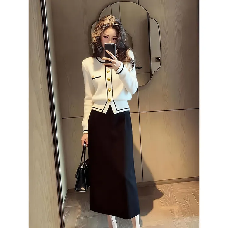 2025小香风撞色边针织开衫套装女款早秋气质减龄上衣半身裙两件套