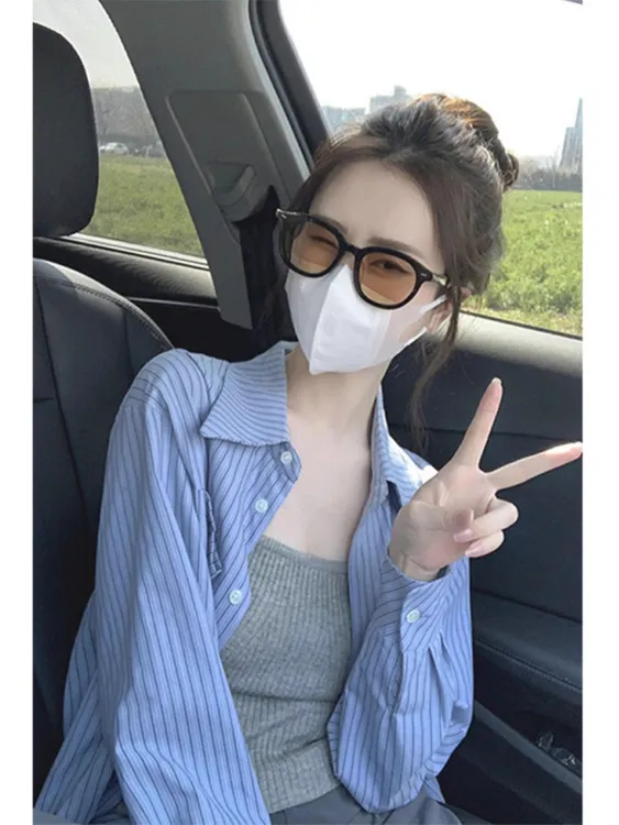 蓝色条纹衬衫女设计感小众25秋配吊带外搭开衫外套别致小个子上衣