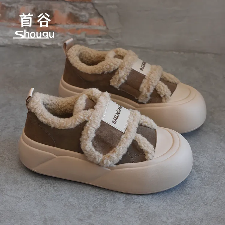 shougu/首谷2025冬季新款厚底魔术贴保暖面包鞋子女加绒休闲板鞋