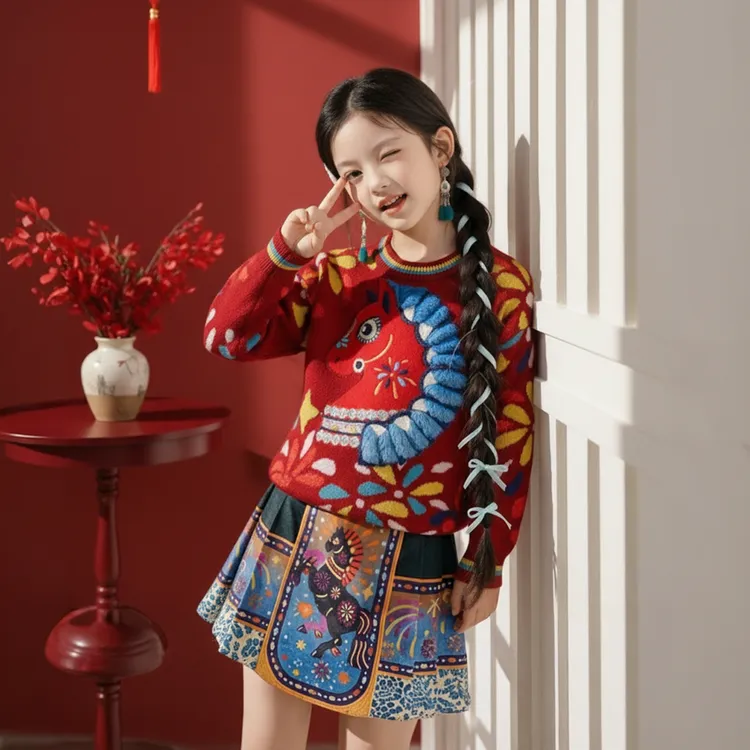 红色毛衣女童马年本命年衣服冬季上衣2025新款儿童新年拜年服套装