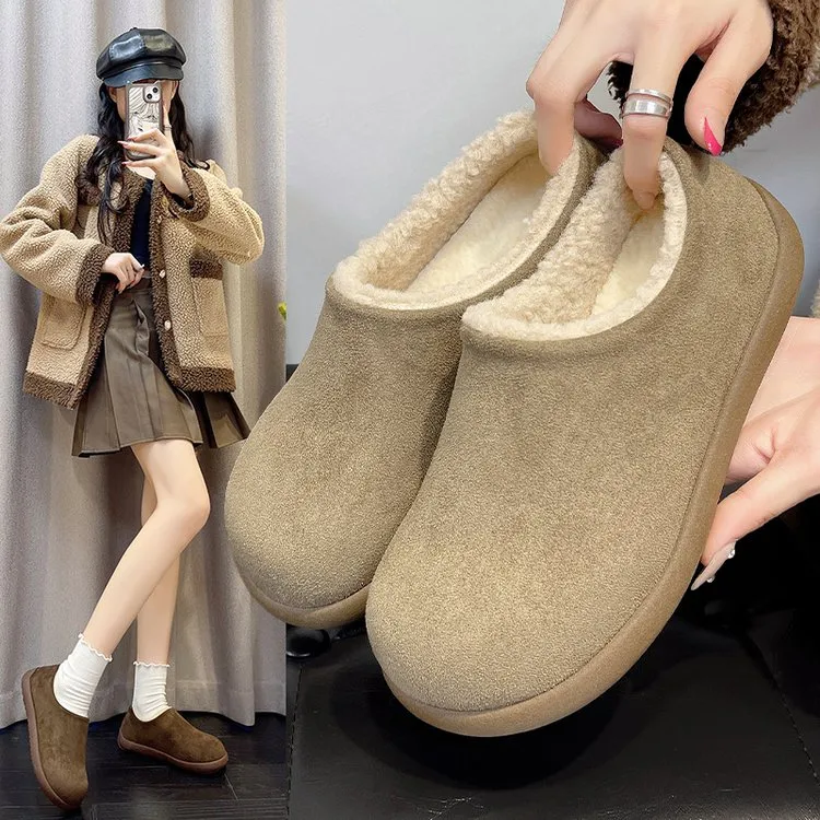 2025冬季加绒勃肯鞋小土豆雪地棉款浅口布单鞋一脚蹬平底棉鞋