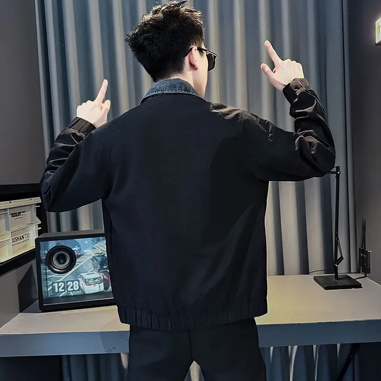 收口袖痞帅翻领夹克男装上衣常规拼接秋季潮流男士休闲百搭时尚