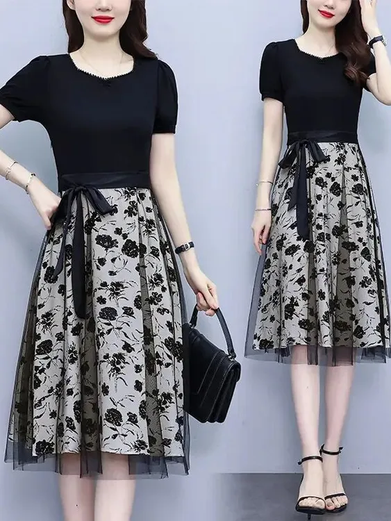 夏季新款网纱裙气质减龄洋气收腰拼接时尚百搭显瘦连衣裙女