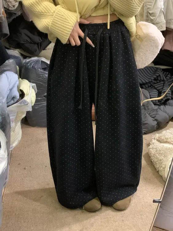 韩系复古松紧腰波点两穿加绒束脚裤女2025冬季新款长裤阔腿休闲裤