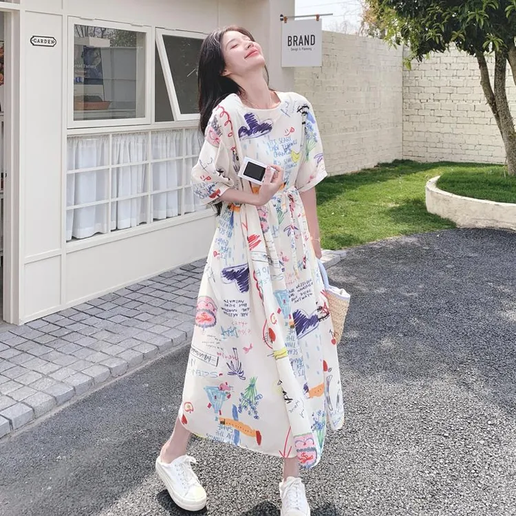 设计感超好看涂鸦印花桔梗a字长裙夏季新款温柔风甜美连衣裙女裙