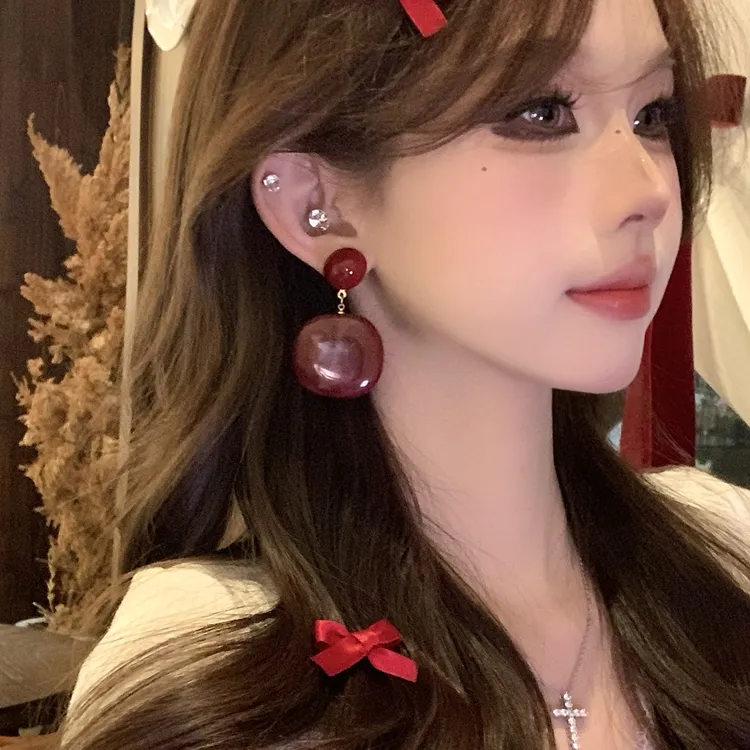 铜合金耳饰 百搭法式方形安可拉红气质耳环新年氛围感显白耳饰