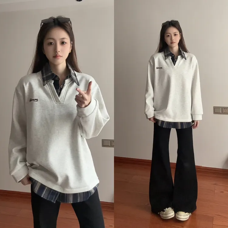 衬衫领假两件卫衣男冬季加绒加厚保暖内搭打底美式复古设计感上衣