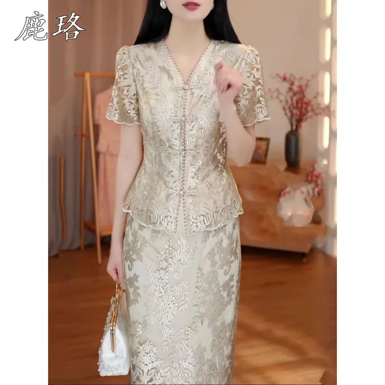 妈妈新中式时尚套装女2025夏季新款阔太太高档气质蕾丝显瘦两件套