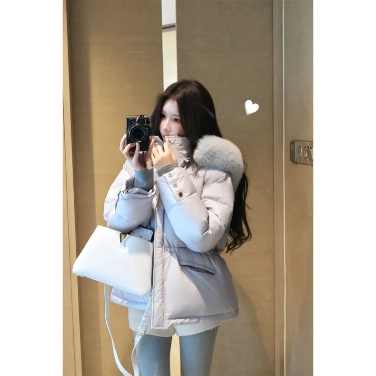 Bigking大金家「漫步雪境」可拆卸狐狸毛毛领连帽收腰保暖羽绒服