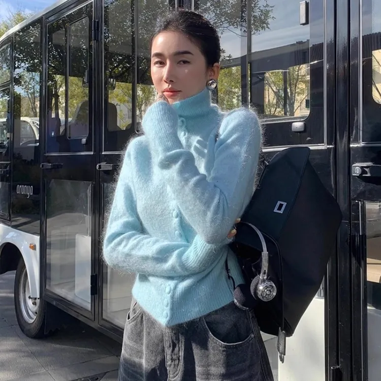 秋冬女装外穿短款蓝色高领开衫毛衣洋气时尚慵懒风外套针织衫上衣