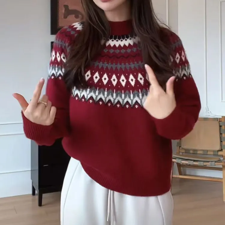 2025冬季休闲百搭费尔岛圆领毛衣网红长袖针织打底衫
