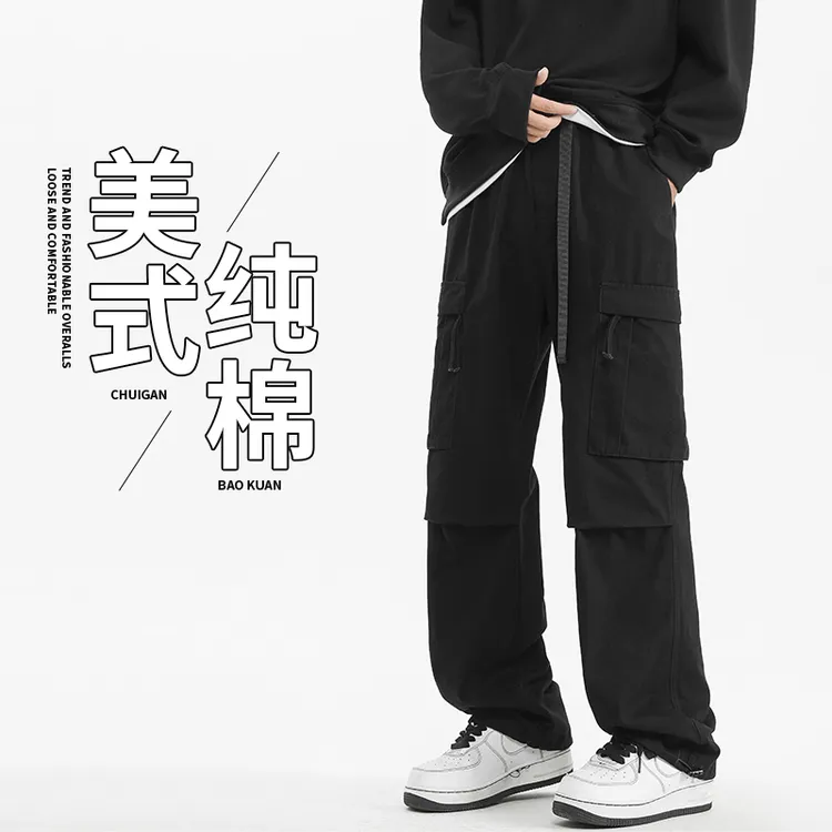 男士休闲长裤2025年秋冬加绒加厚多口袋工装裤阔腿裤纯棉裤子男款