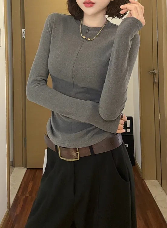 韩版秋季新款拉链百搭长袖T恤女修身显瘦抗起球抗静电双面绒上衣