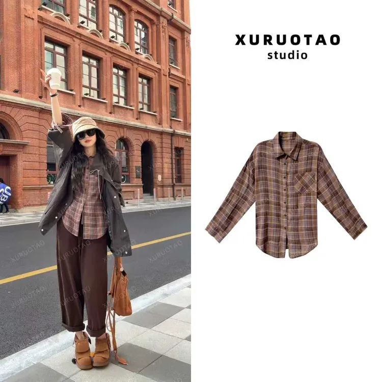 XURUOTAO 【多洛米蒂】100棉格纹设计感显瘦百搭格子衬衫 T5521