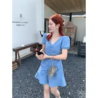 火火火【蔚蓝半岛】韩系v领褶皱泡泡袖连衣裙L35279HH52