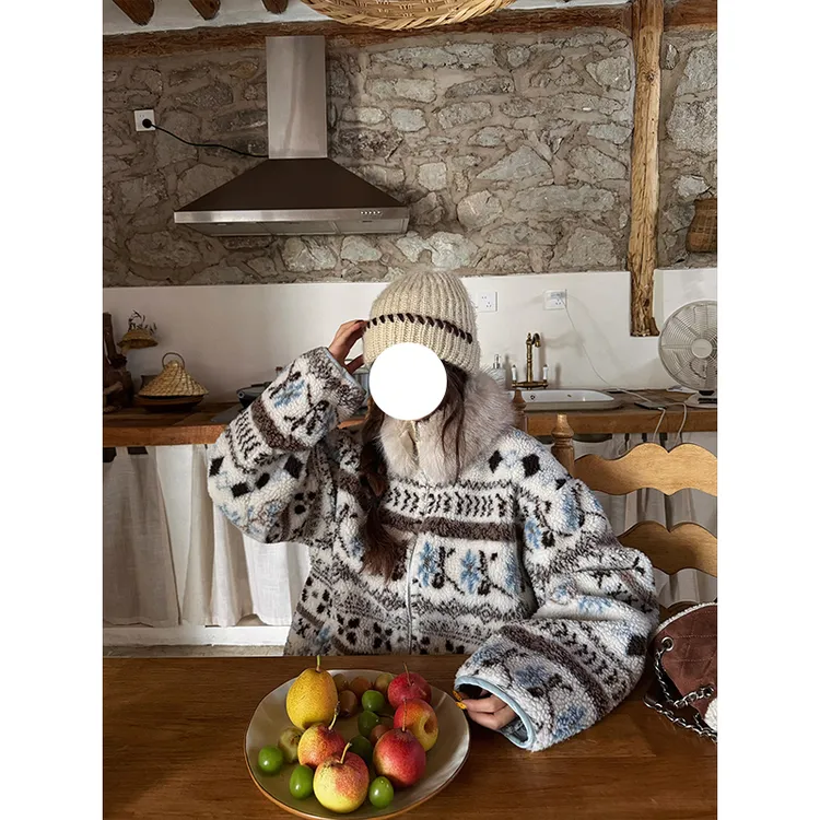 2025秋冬新款费尔岛毛毛领外套大码女装胖MM复古港风保暖加厚夹克