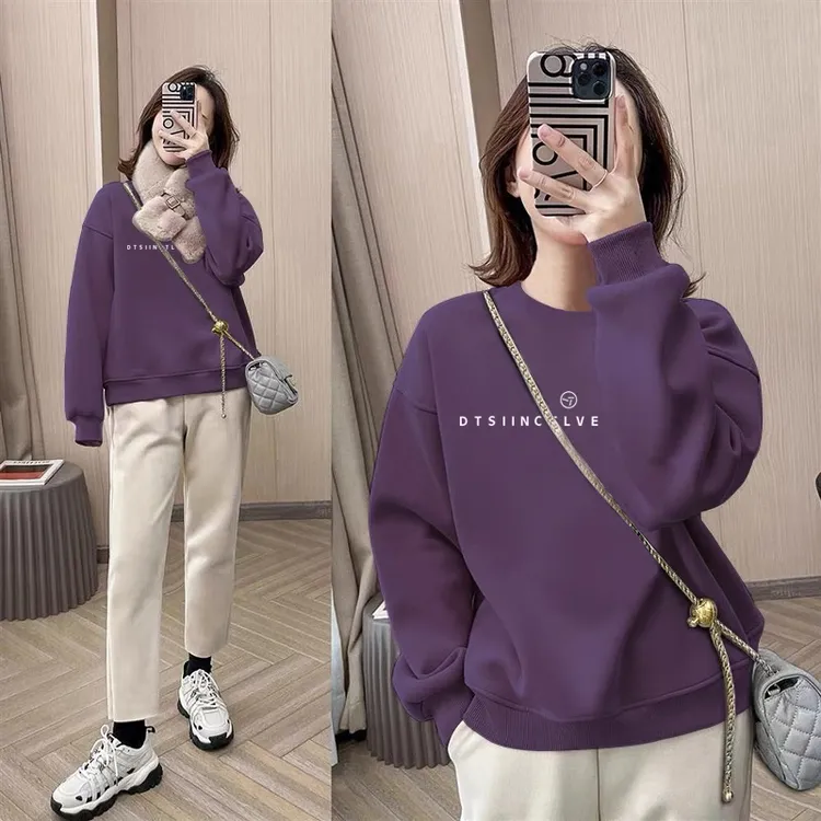 圆领套头打底衫加绒加厚卫衣女2025秋冬新款宽松韩版外套春秋薄款