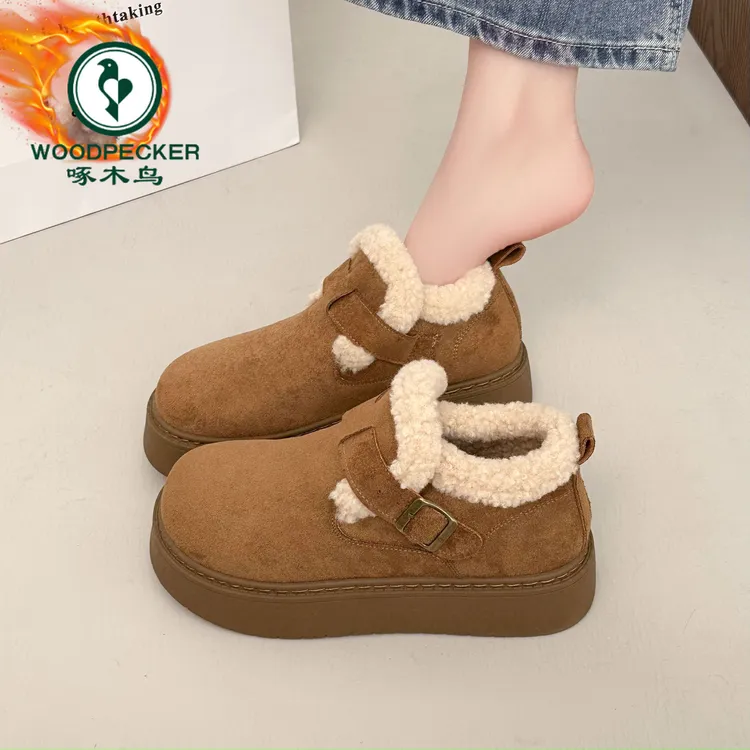 啄木鸟加绒勃肯鞋女2025冬季新款厚软底保暖一脚蹬毛绒棉鞋穆勒鞋