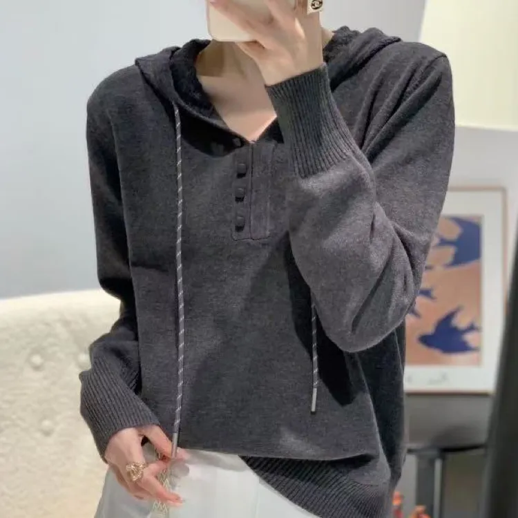 银弟，宽松蕾丝简约设计感连帽针织衫