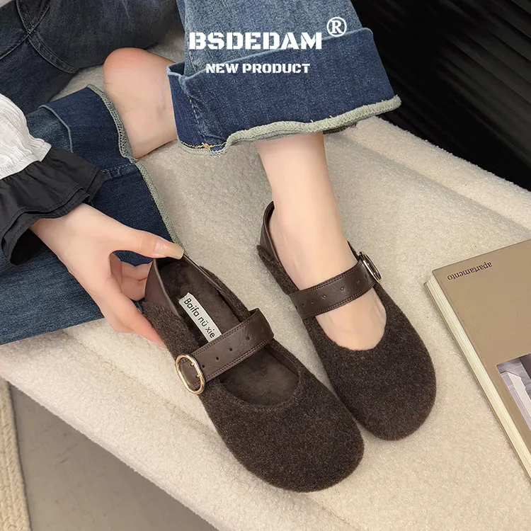 毛呢单鞋女2025新款秋冬季平底灰色玛丽珍鞋配裙子两穿加绒豆豆鞋