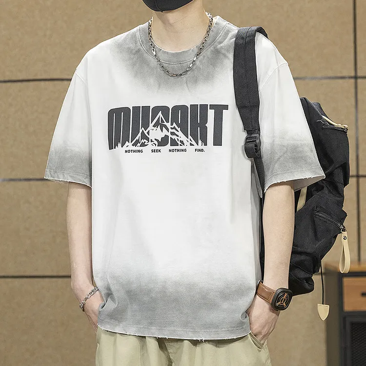 美式重磅短袖t恤男夏季新款渐变水洗纯棉圆领宽松半袖体恤潮