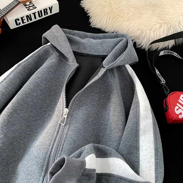 美式复古重磅条纹卫衣男女款秋季美式潮牌高级感开衫灰色运动外套