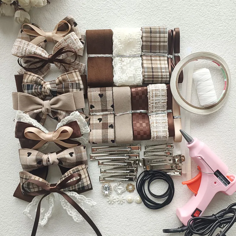 气质百搭咖色丝带套装棉带麂皮绒美拉德 手工diy发饰头饰材料包