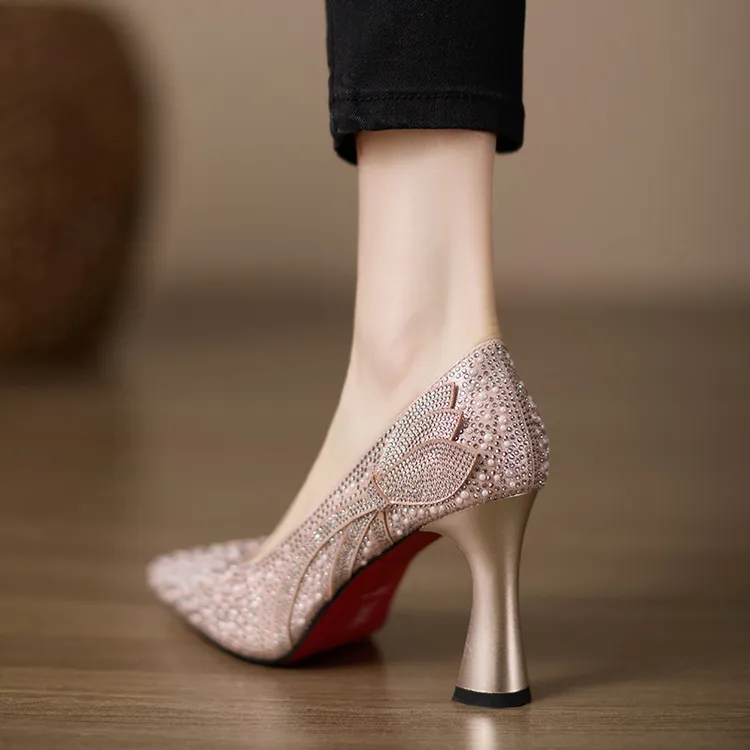 小个子手工女鞋8cm~香槟色婚鞋法式高跟鞋不累脚仙女风单鞋鞋子