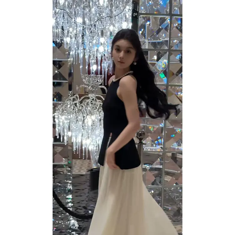 韩系夏季新款休闲百搭时尚高级感黑色无袖上衣高腰显瘦半身裙套装