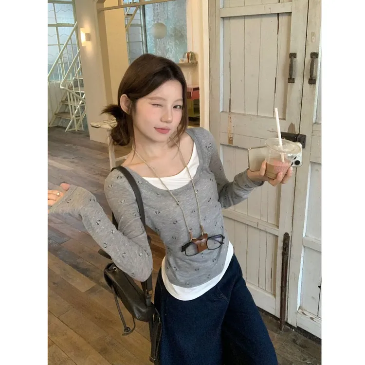 2025新款小众假两件蝴蝶结印花T恤女秋季修身防晒长袖上衣小众ins