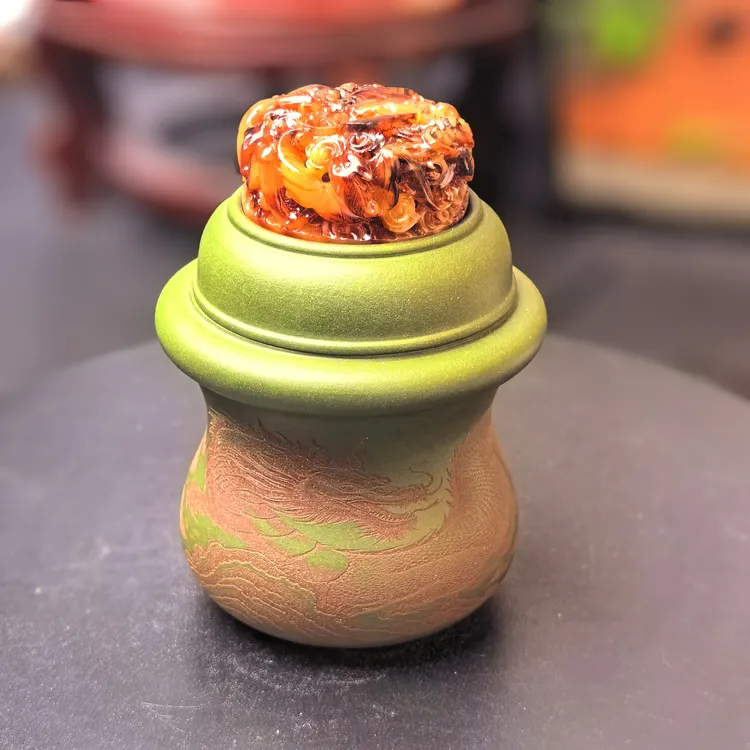 鸣虫用具墩子型叫罐绿色龙纹叫罐树脂蒙心三合土砸底