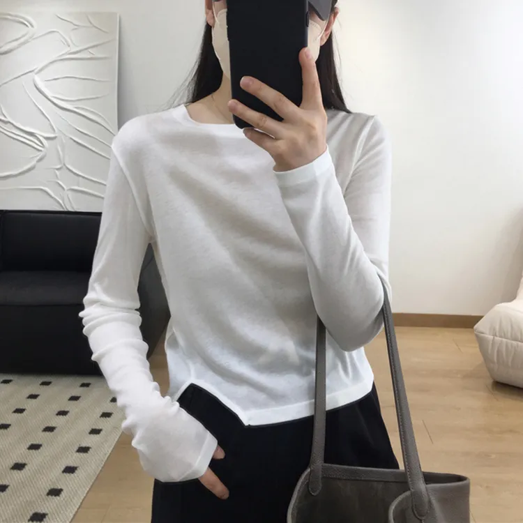 纯色开叉套头短款T恤2025早秋上衣女新款简约圆领长袖时尚洋气潮