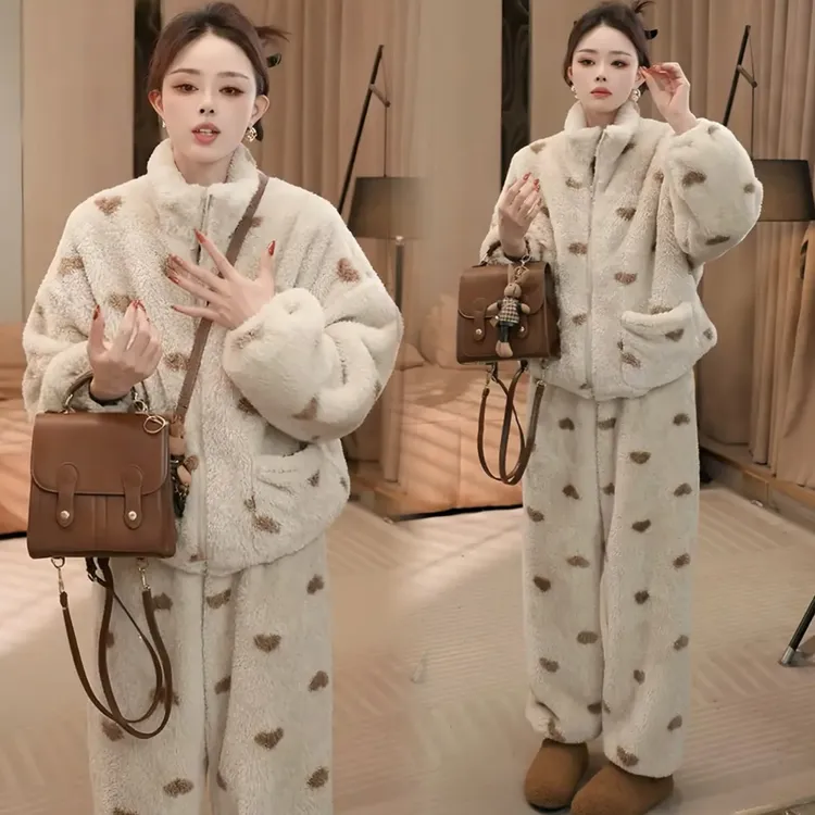 极简风宽松加厚保暖立领爱心印花睡衣套装女秋冬新款