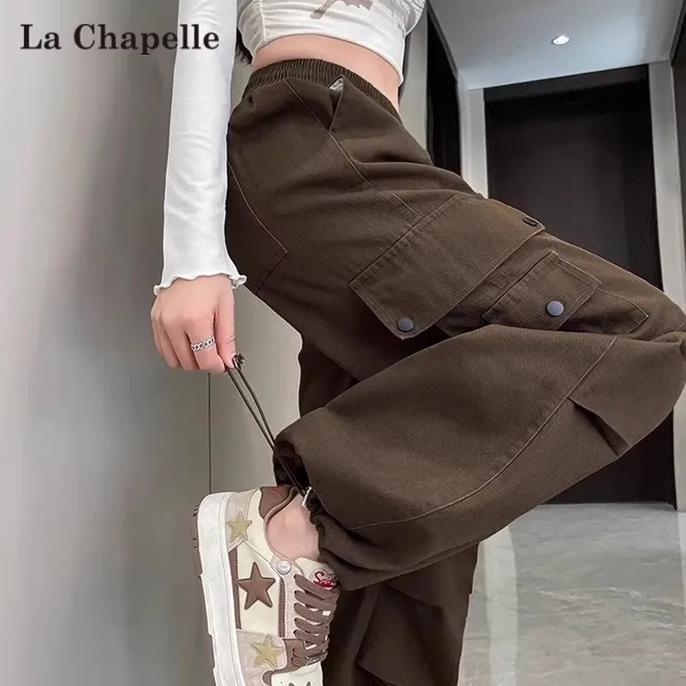 拉夏贝尔复古洗水棉阔腿工装裤女秋季2025新款宽松显瘦束脚运动裤