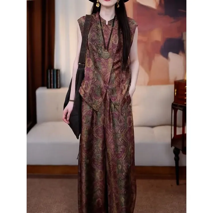 复古文艺风轻奢印花裤套装2025夏季新款无袖百搭显瘦衬衫+阔腿裤