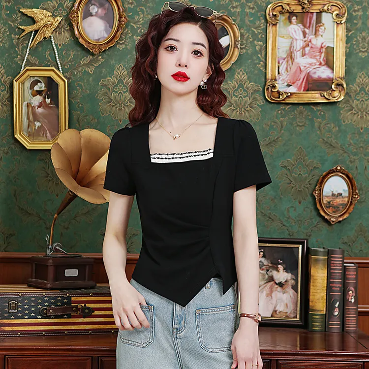 黑色正肩短袖T恤女夏2025新款花边设计感半袖体恤小个子方领上衣