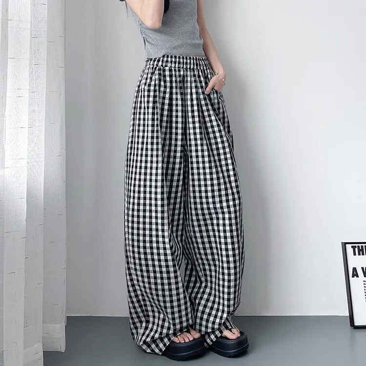 黑白格子山本裤女透气大码宽松胖mm显瘦慵懒松弛防晒弯刀阔腿裤子