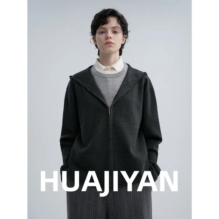 华吉言/HUAJIYAN【岩雾】绵羊毛混纺舒适宽松针织连帽毛衣外套