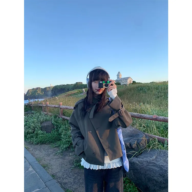 墨绿色风衣女小个子2025年秋季韩系宽松休闲小众立领短款上衣外套
